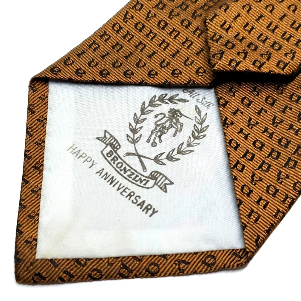 Vintage Lewis and Thos Saltz Happy Anniversary Bronzini Brown Silk Tie